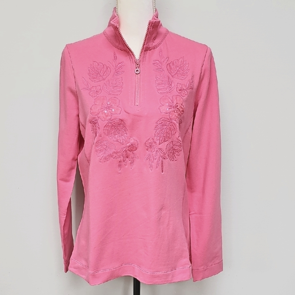Tommy Bahama Tropical Floral Embroidered ½ Zip, Terry Knit, Pink, Size Med, NEW